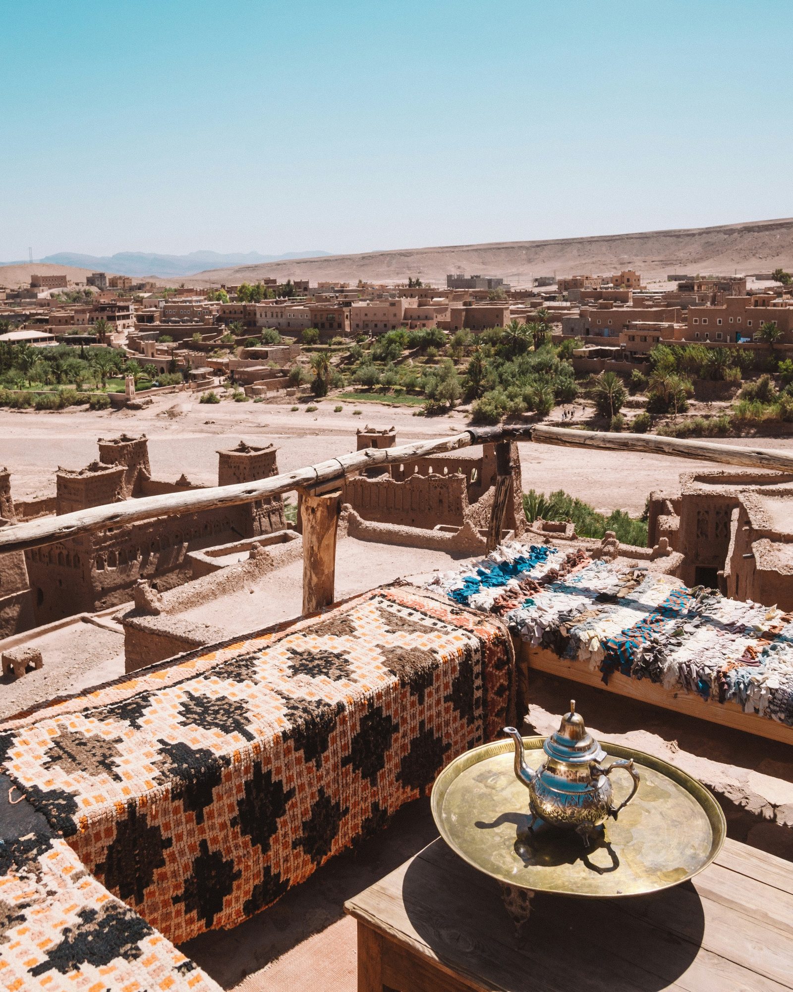 Mint tea on a rooftop overlooking the kasbah of Aït Ben Haddou