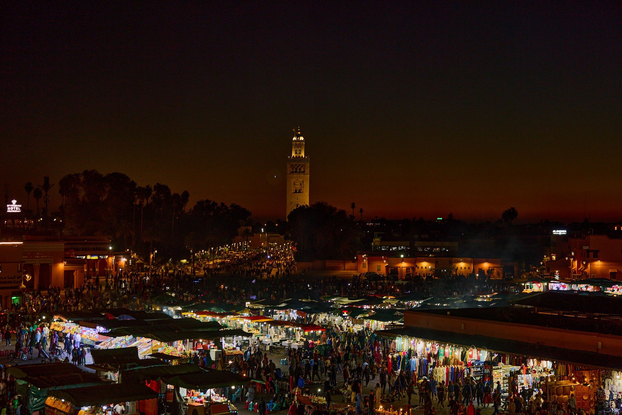 Jemaa el-Fnaa square at night with the Koutoubia minaret, Marrakech