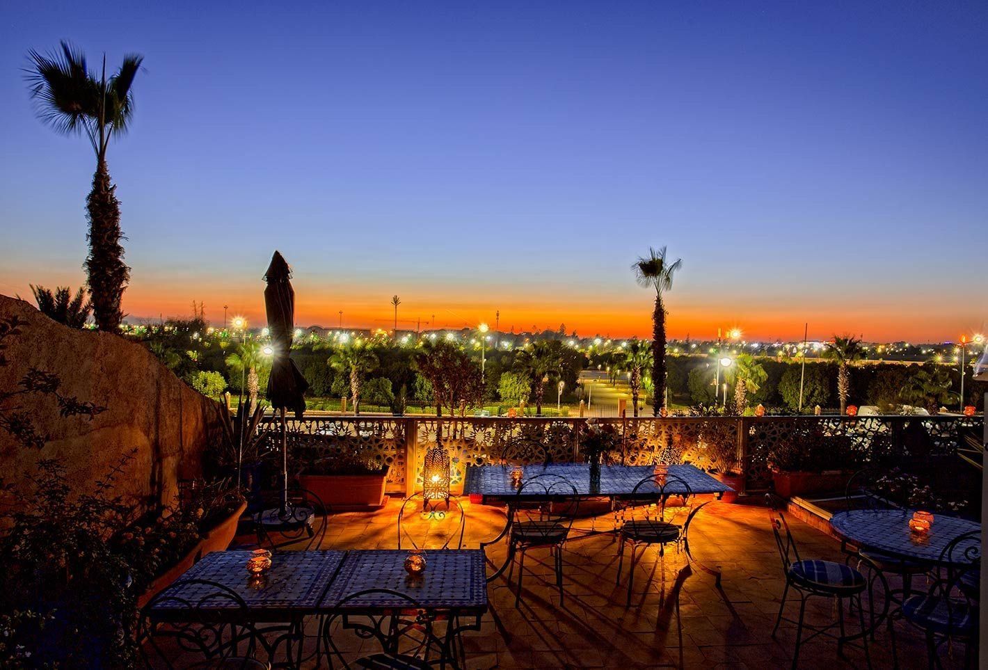 Rooftop terrace at sunset in Marrakech
